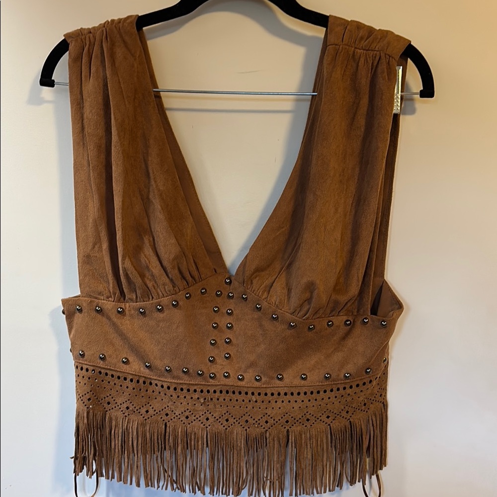 Brown Asymmetrical Embellished Crop Top
